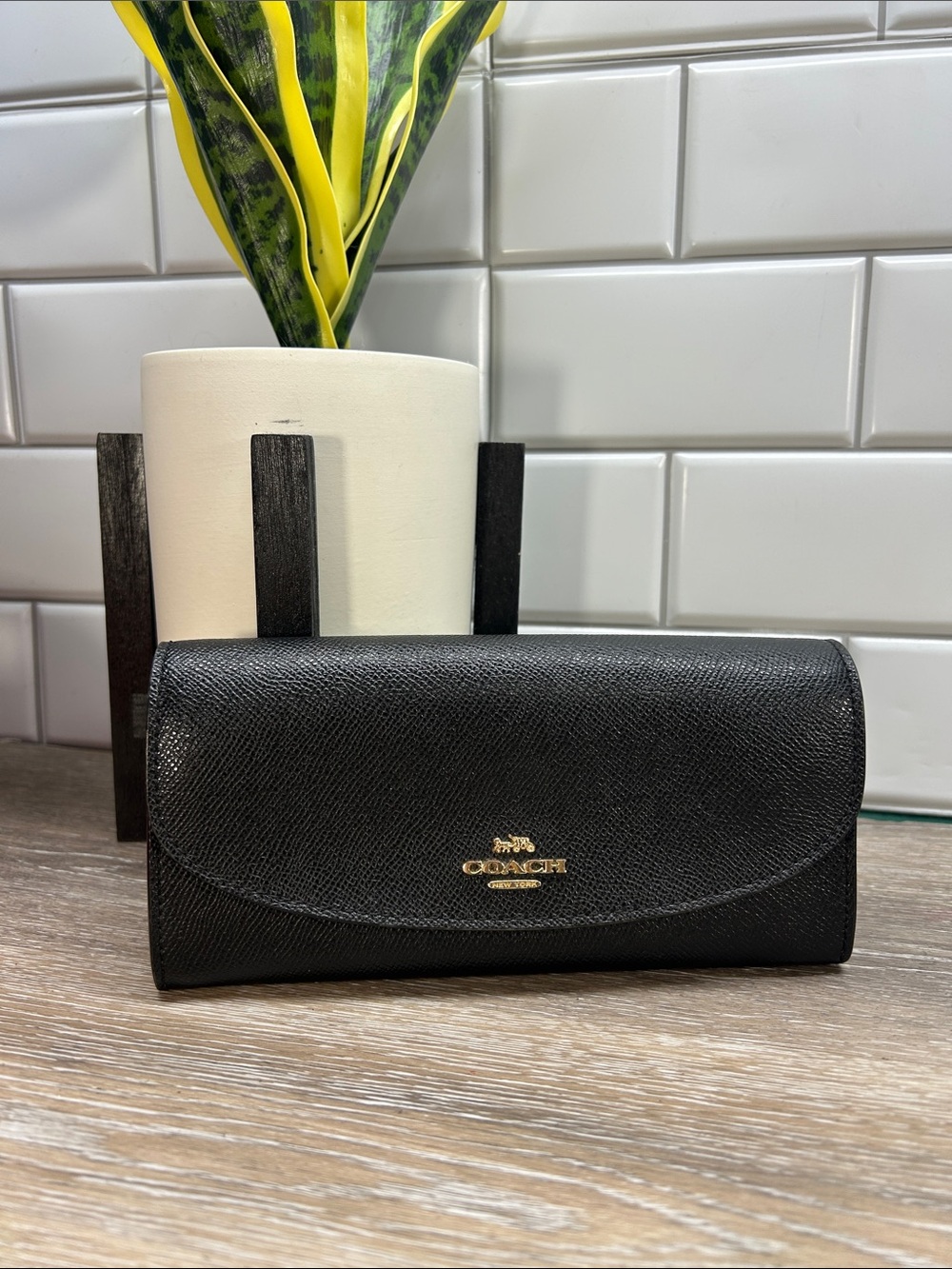 5035 Coach Black Saffiano Leather Continental Wallet with Gold Logo 235035